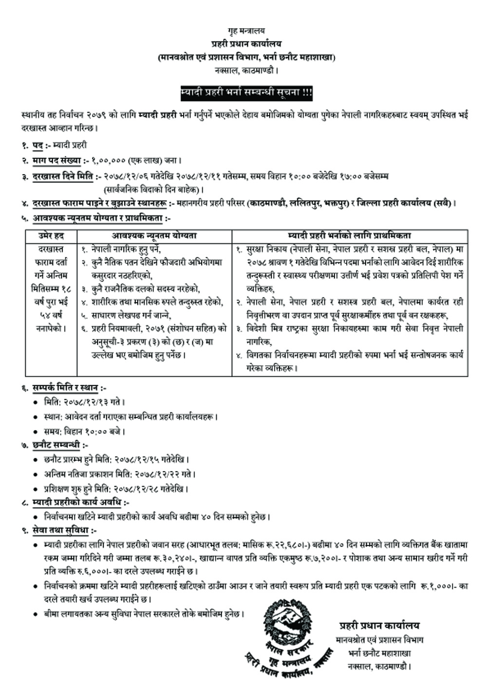 आगामी वैशाख ३० गते हुने निर्वाचनका लागि एक लाख जना म्यादी प्रहरीको भर्ना खुला खुल्यो
