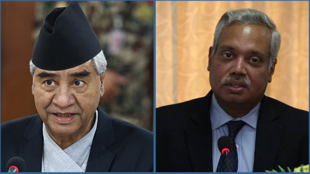 भारतीय राजदूत नवीन श्रीवास्तव र प्रधानमन्त्री एवं नेपाली कांग्रेसका सभापति शेरबहादुर देउवासँग भेटवार्ता